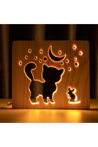 Светильник ночник из дерева LED "Кот и мышка под луной" с пультом и регулировкой света, цвет теплый белый