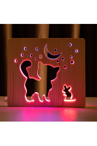 Светильник ночник из дерева LED "Кот и мышка под луной" с пультом и регулировкой цвета, двойной RGB