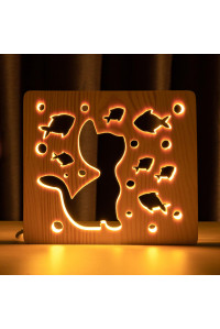 Светильник ночник из дерева LED "Кот и рыбки" с пультом и регулировкой света, цвет теплый белый