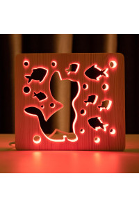 Светильник ночник из дерева LED "Кот и рыбки" с пультом и регулировкой цвета, RGB