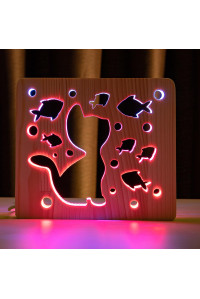 Светильник ночник из дерева LED "Кот и рыбки" с пультом и регулировкой цвета, двойной RGB