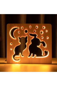 Светильник ночник из дерева LED "Кот и собачка" с пультом и регулировкой света, цвет теплый белый