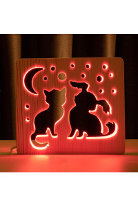 Светильник ночник из дерева LED "Кот и собачка" с пультом и регулировкой цвета, RGB