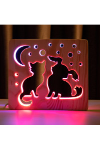 Светильник ночник из дерева LED "Кот и собачка" с пультом и регулировкой цвета, двойной RGB