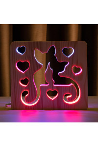 Светильник ночник из дерева LED "Коты и любовь" с пультом и регулировкой цвета, двойной RGB