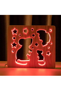 Светильник ночник из дерева LED "Мышки и сыр" с пультом и регулировкой цвета, RGB