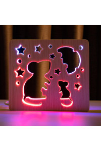 Светильник ночник из дерева LED "Мышки и сыр" с пультом и регулировкой цвета, двойной RGB