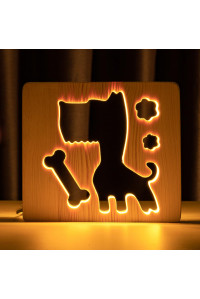 Светильник ночник из дерева LED "Пес и косточка" с пультом и регулировкой света, цвет теплый белый