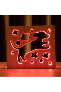 Светильник ночник из дерева LED "Собака и птички" с пультом и регулировкой цвета, RGB