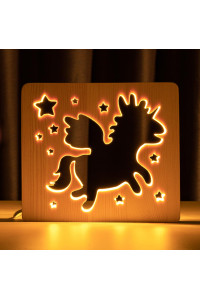 Светильник ночник из дерева LED "Волшебный единорог" с пультом и регулировкой света, цвет теплый белый