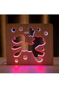 Светильник ночник из дерева LED "Пони и стрекоза" с пультом и регулировкой цвета, двойной RGB