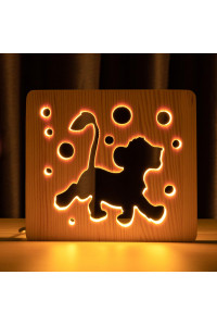 Светильник ночник из дерева LED "Веселый львенок" с пультом и регулировкой света, цвет теплый белый