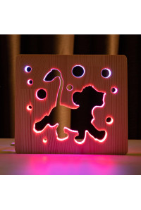 Светильник ночник из дерева LED "Веселый львенок" с пультом и регулировкой цвета, двойной RGB