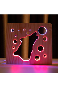 Светильник ночник из дерева LED "Волк и луна" с пультом и регулировкой цвета, двойной RGB