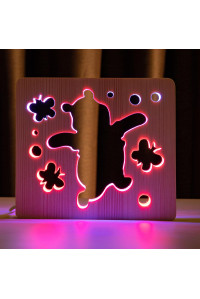 Светильник ночник из дерева LED "Веселый медвеженок" с пультом и регулировкой цвета, двойной RGB