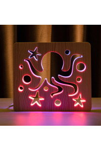 Светильник ночник из дерева LED "Морской осьминог" с пультом и регулировкой цвета, двойной RGB