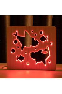 Светильник ночник из дерева LED "Две акулы и рыбки" с пультом и регулировкой цвета, RGB