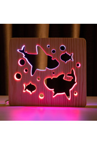 Светильник ночник из дерева LED "Две акулы и рыбки" с пультом и регулировкой цвета, двойной RGB