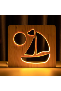 Светильник ночник из дерева LED "Кораблик" с пультом и регулировкой света, цвет теплый белый