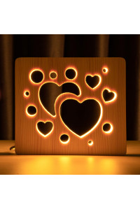 Светильник ночник из дерева LED "Сердечки" с пультом и регулировкой света, цвет теплый белый