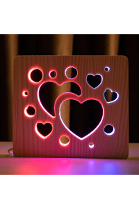 Светильник ночник из дерева LED "Сердечки" с пультом и регулировкой цвета, двойной RGB