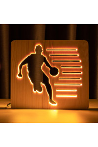 Светильник ночник из дерева LED "Баскетболист с мячом" с пультом и регулировкой света, цвет теплый белый