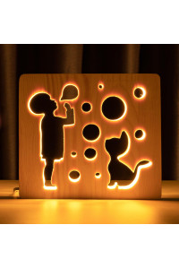 Светильник ночник из дерева LED "Мальчик и пузыри" с пультом и регулировкой света, цвет теплый белый