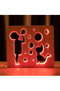 Светильник ночник из дерева LED "Мальчик и пузыри" с пультом и регулировкой цвета, RGB