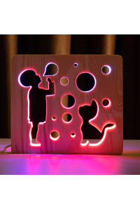 Светильник ночник из дерева LED "Мальчик и пузыри" с пультом и регулировкой цвета, двойной RGB