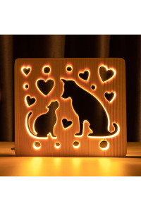 Светильник ночник из дерева LED "Кот и пес" с пультом и регулировкой света, цвет теплый белый