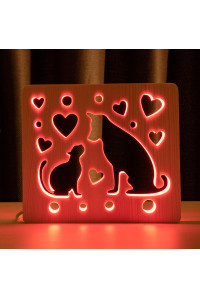 Светильник ночник из дерева LED "Кот и пес" с пультом и регулировкой цвета, RGB
