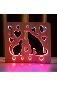 Светильник ночник из дерева LED "Кот и пес" с пультом и регулировкой цвета, двойной RGB