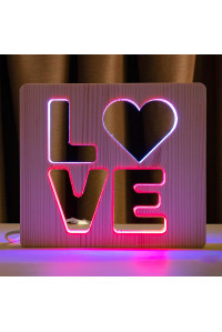 Светильник ночник ArtEco Light из дерева LED "LOVE" с пультом и регулировкой цвета, двойной RGB