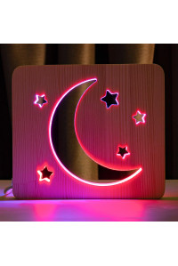 Светильник ночник ArtEco Light из дерева LED "Месяц и звезды" с пультом и регулировкой цвета, двойной RGB