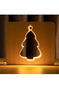Светильник ночник ArtEco Light из дерева LED "Ёлочка под снегом" с пультом и регулировкой света, цвет теплый белый