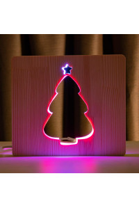 Светильник ночник ArtEco Light из дерева LED "Ёлочка под снегом" с пультом и регулировкой цвета, двойной RGB